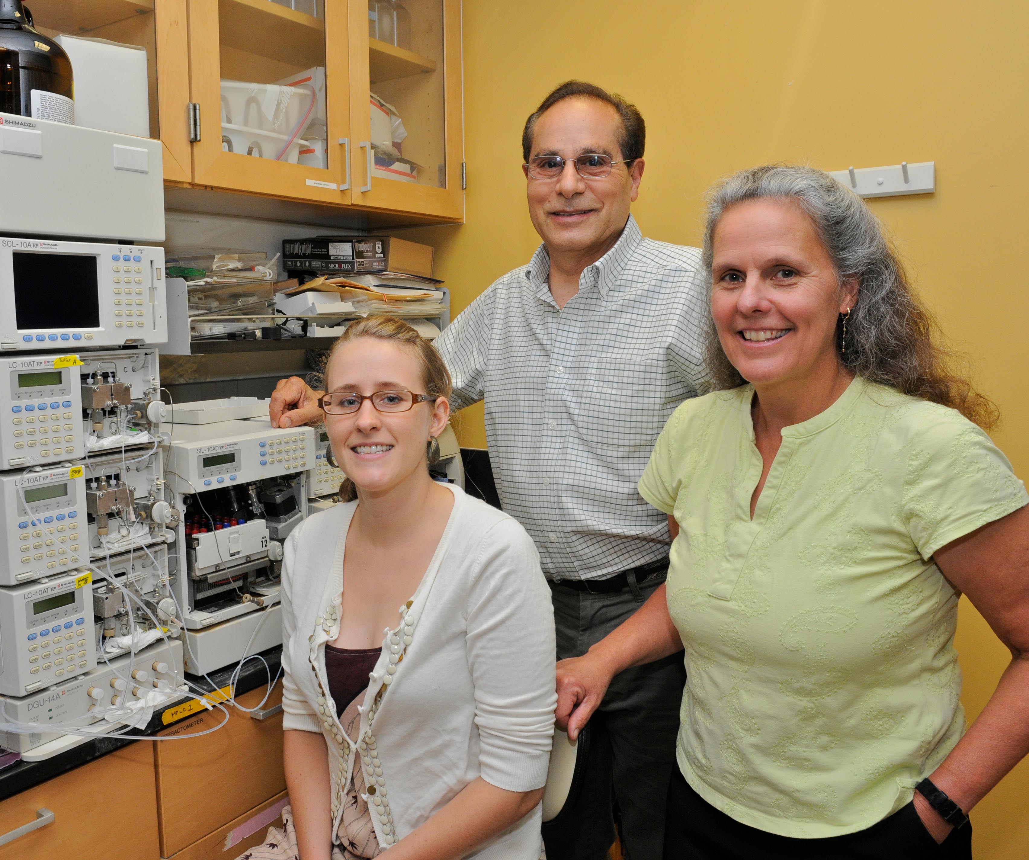 this is a lab photo of ODU researchers Brittany Widner, Kenneth Mopper and Margaret Mulholland
