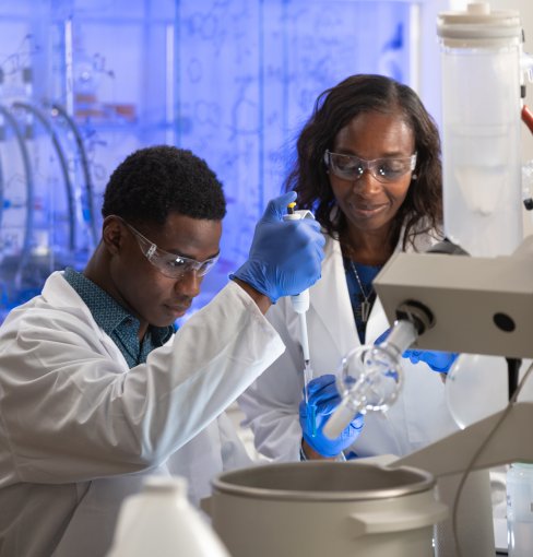 Dr. Gymama Slaughter in her lab with a student researcher