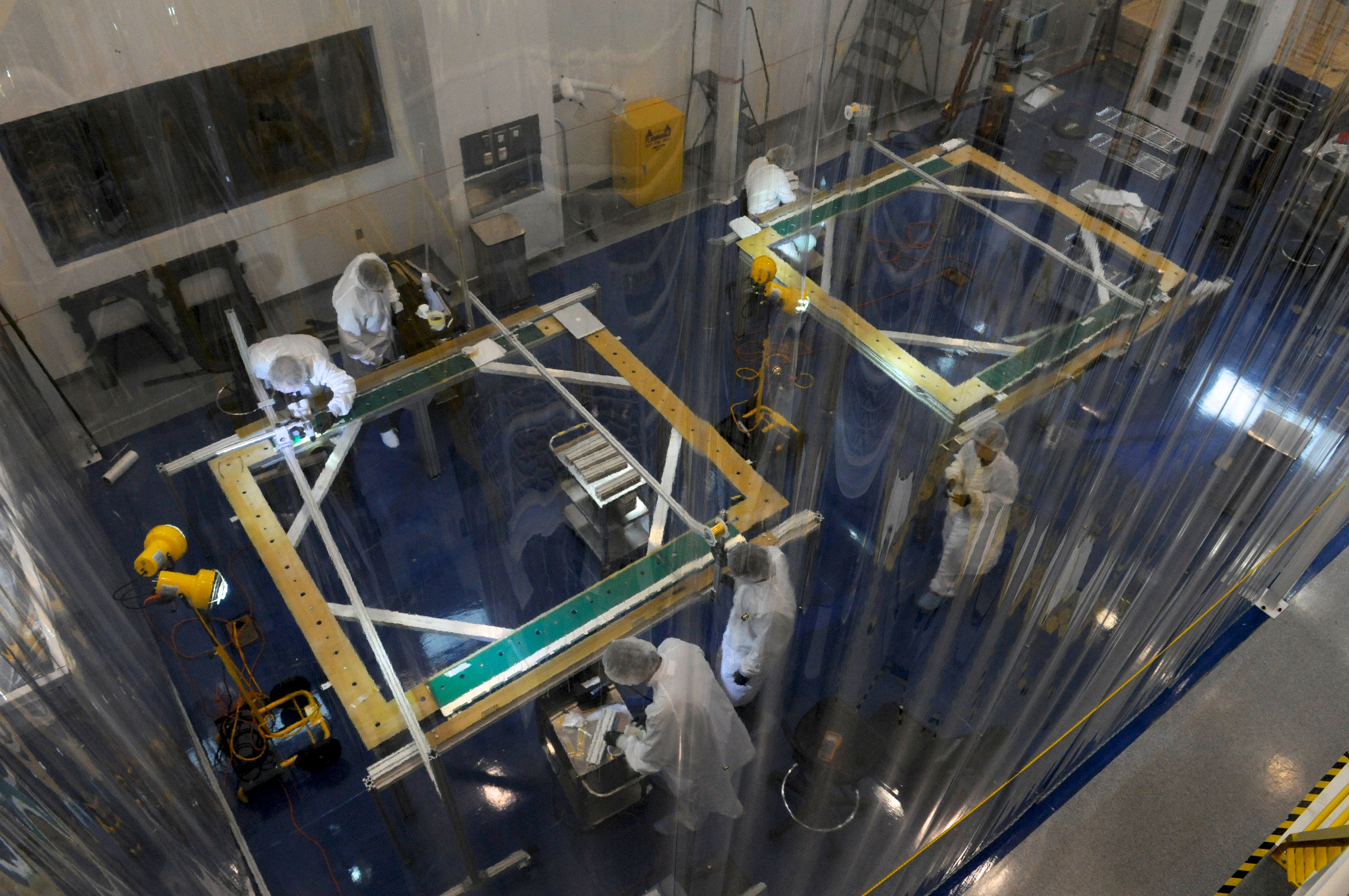 Photo of drift chamber construction in high bay lab