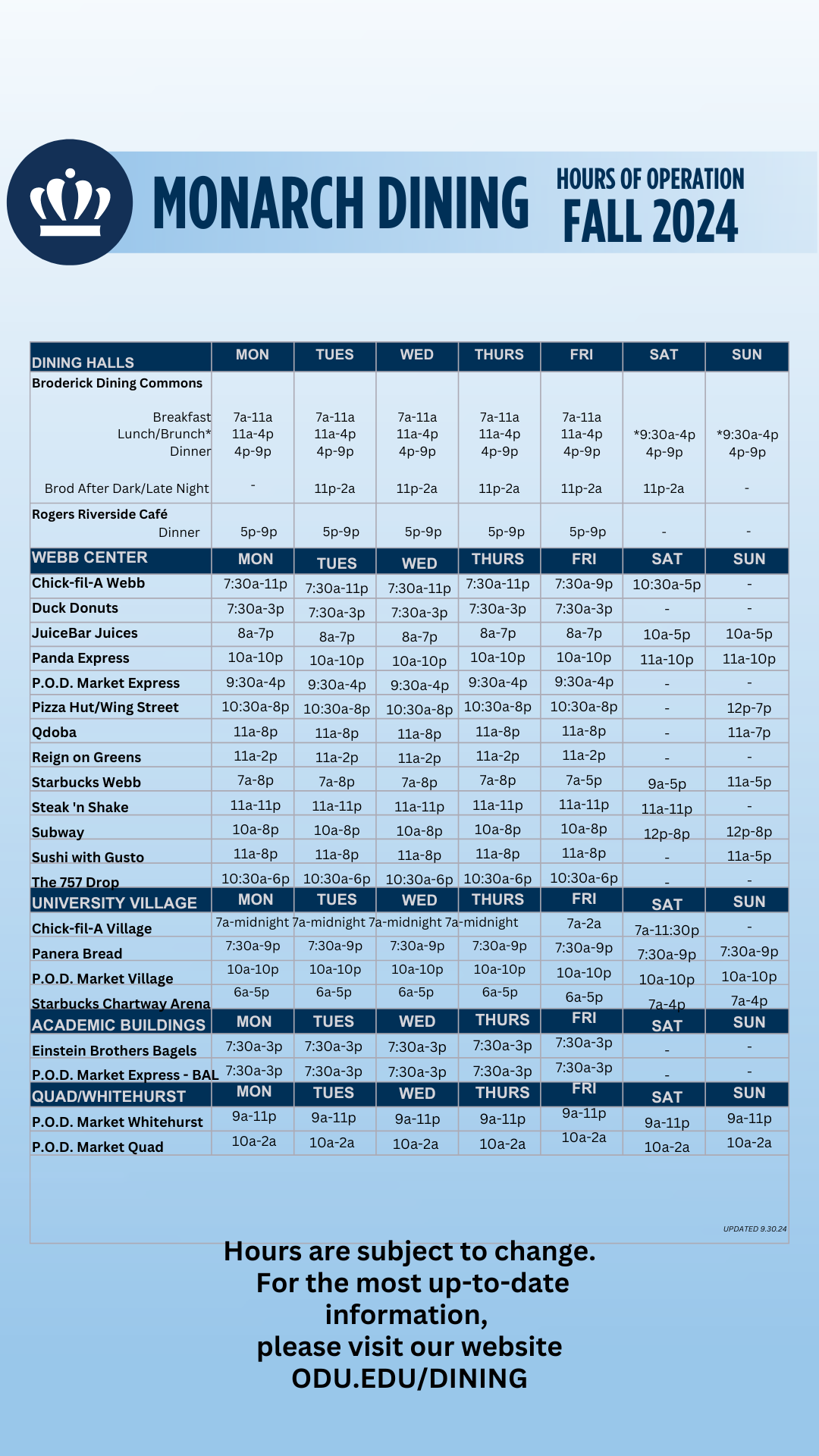 Monarch Dining Fall 2024 Semester Hours Old Dominion University