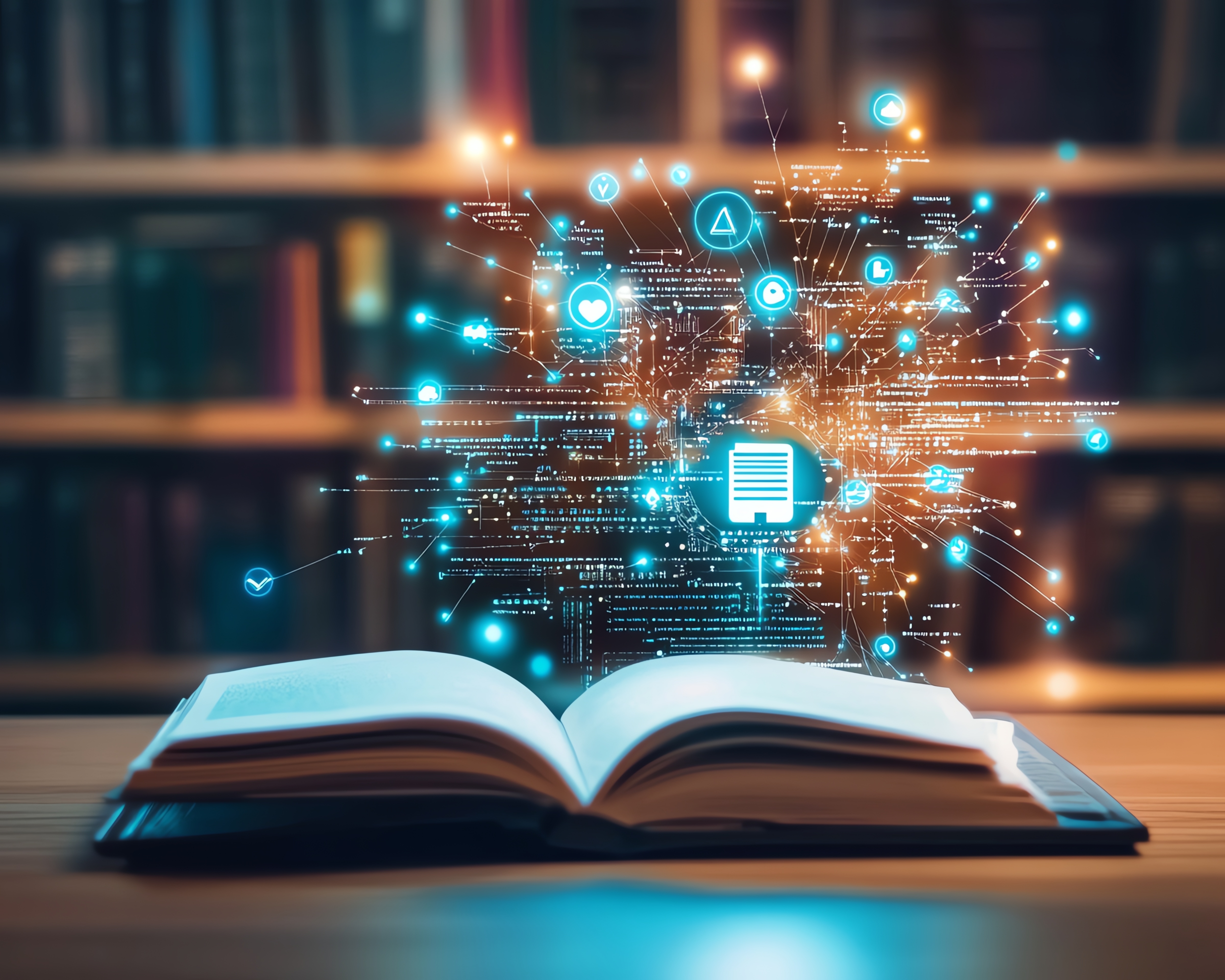 Open book on table in library with futuristic, glowing education images above it.