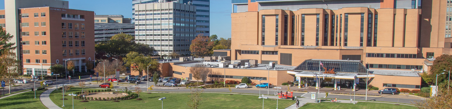Aerial view of Eastern Virginia Medical Center campus and hospital buildings on a sunny day.