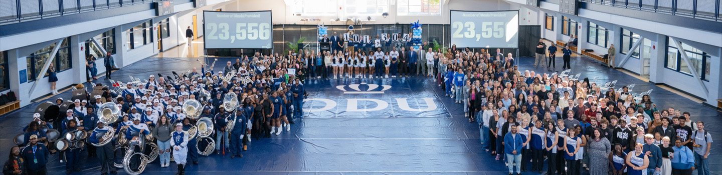 Students, faculty, staff and volunteers gather in recreation center to celebrate the finale of Monarchs Give Back 2025.