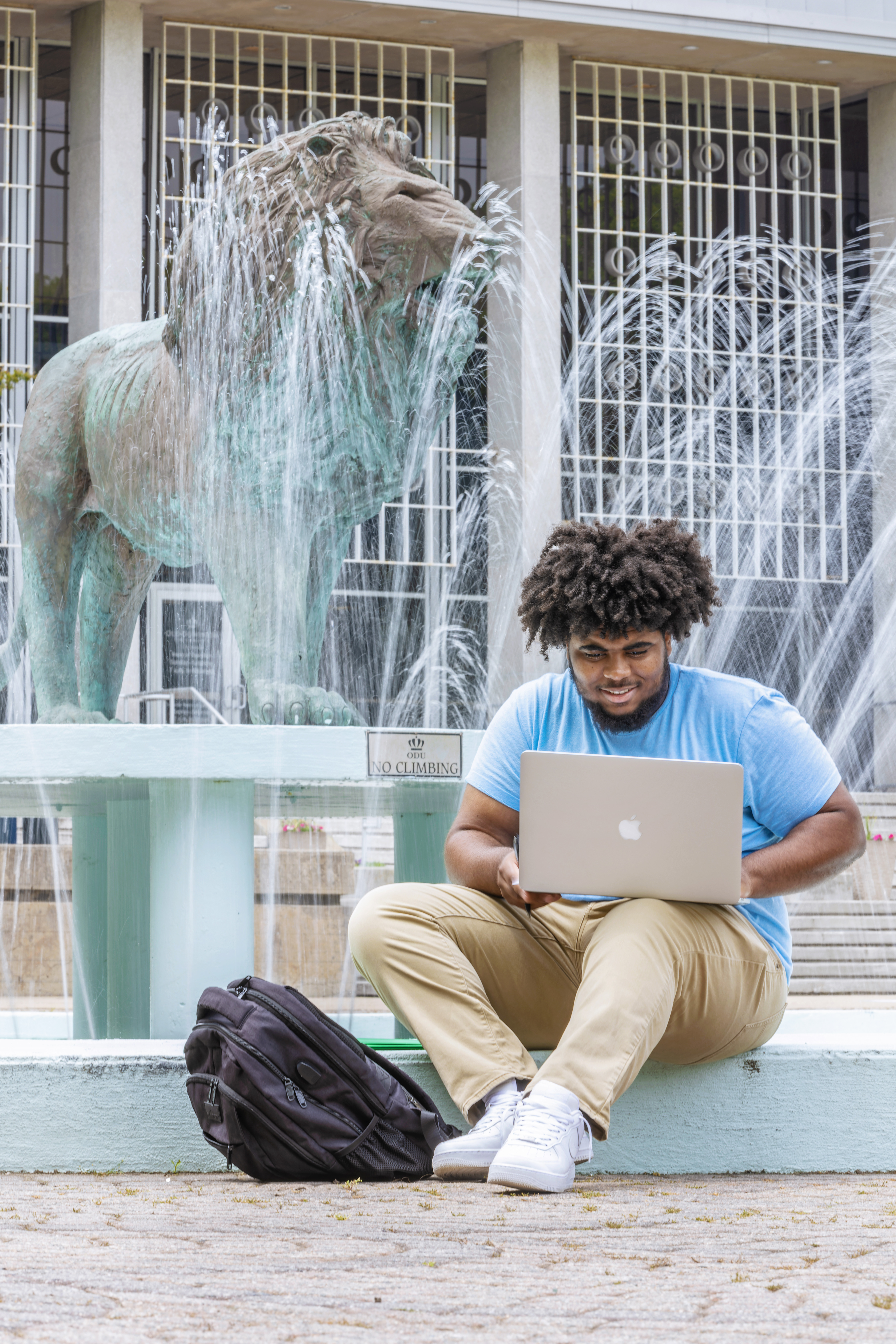 Student studying on a laptop next to the lion fountain
