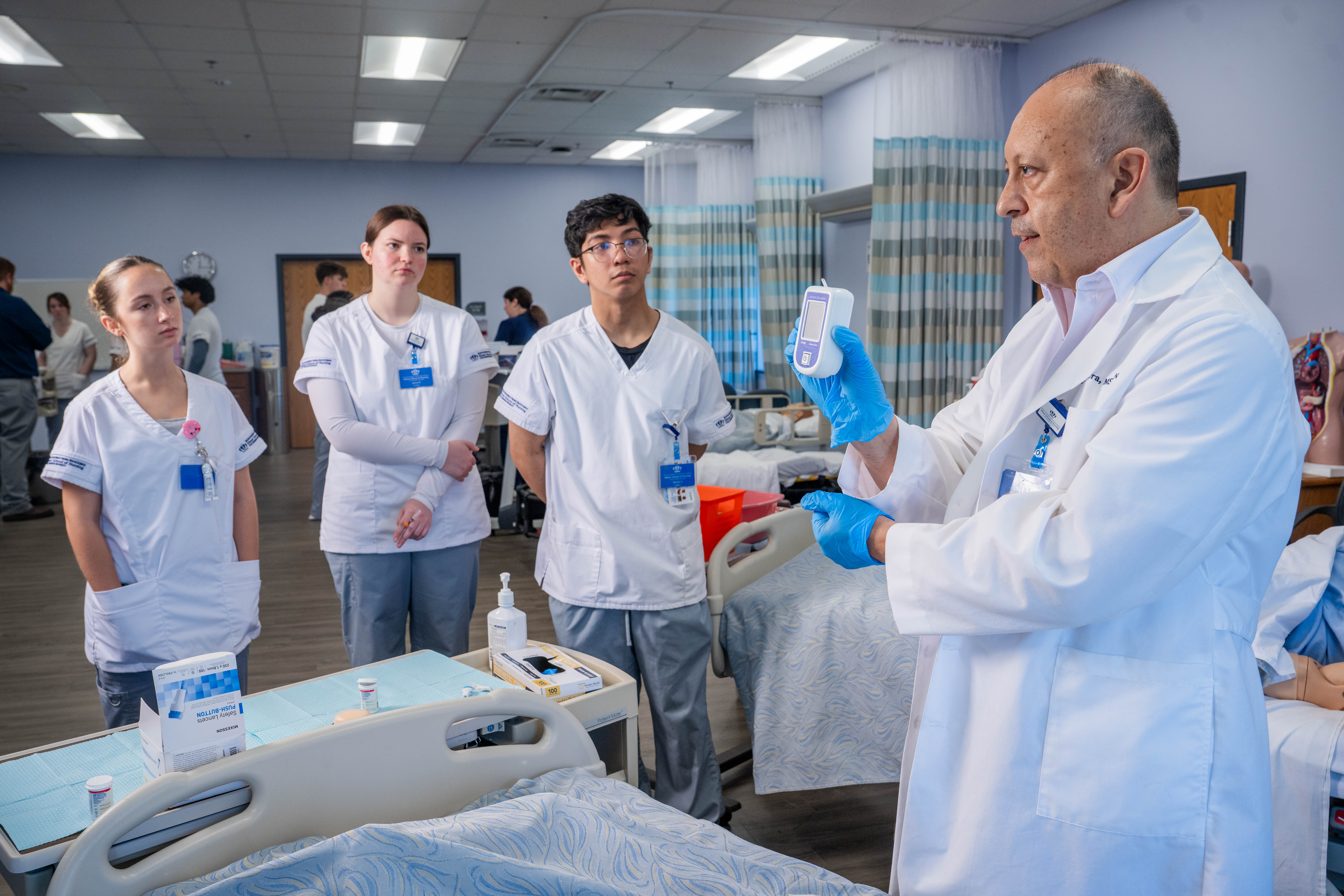 Images of nursing students learning procedures.