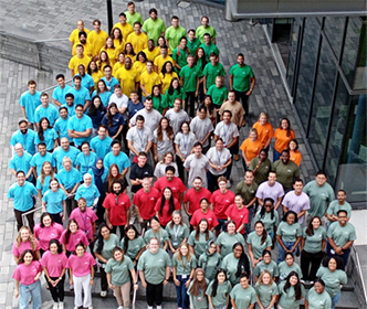 Overhead photo of GME interns grouped by color of tee shirts