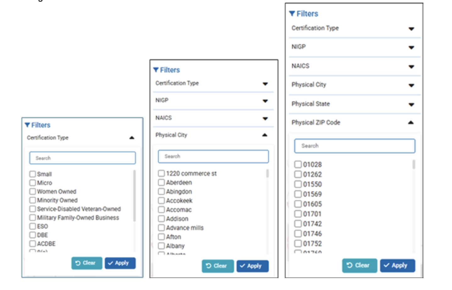SWaM directory filters allowing users to narrow search results by certification type, city, or zip code