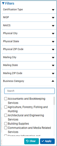 Search filter panel showing Business Category options with a search field and selectable categories.