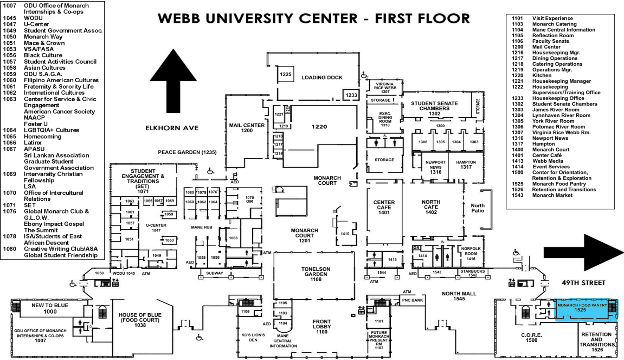 Map shows location of Monarch Pantry on first floor of Webb University Center.
