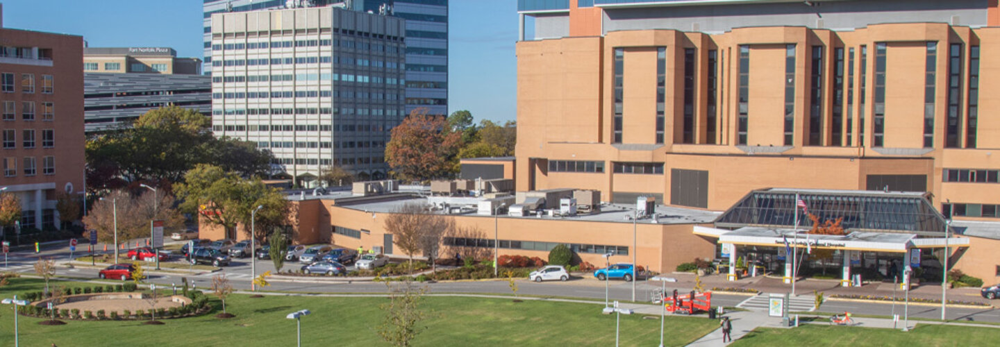 Aerial view of Eastern Virginia Medical Center campus and hospital buildings on a sunny day.