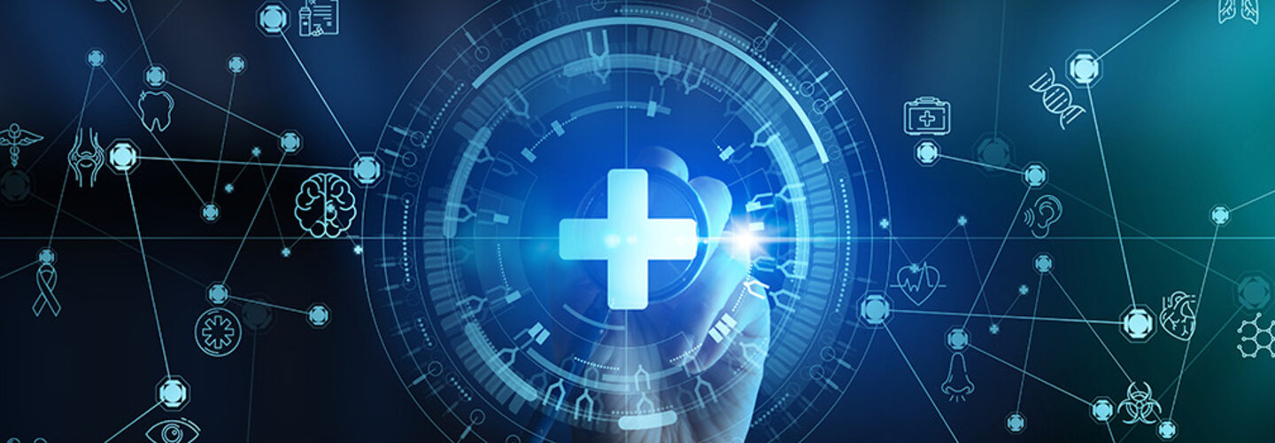 Healthcare icons and hand on stethoscope