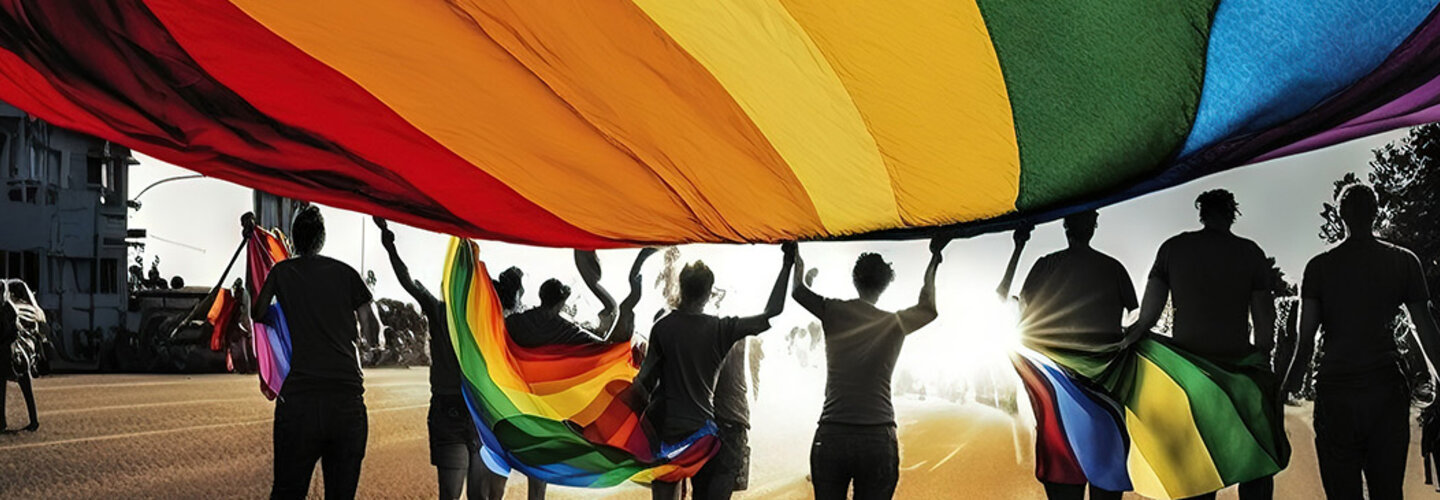 Silhouette of marchers at a Gay Pride Parade under a rainbow flag