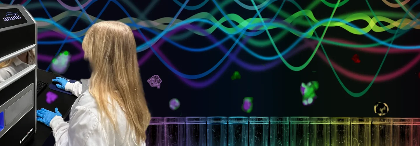 A female student in a lab with a colorful wavy background