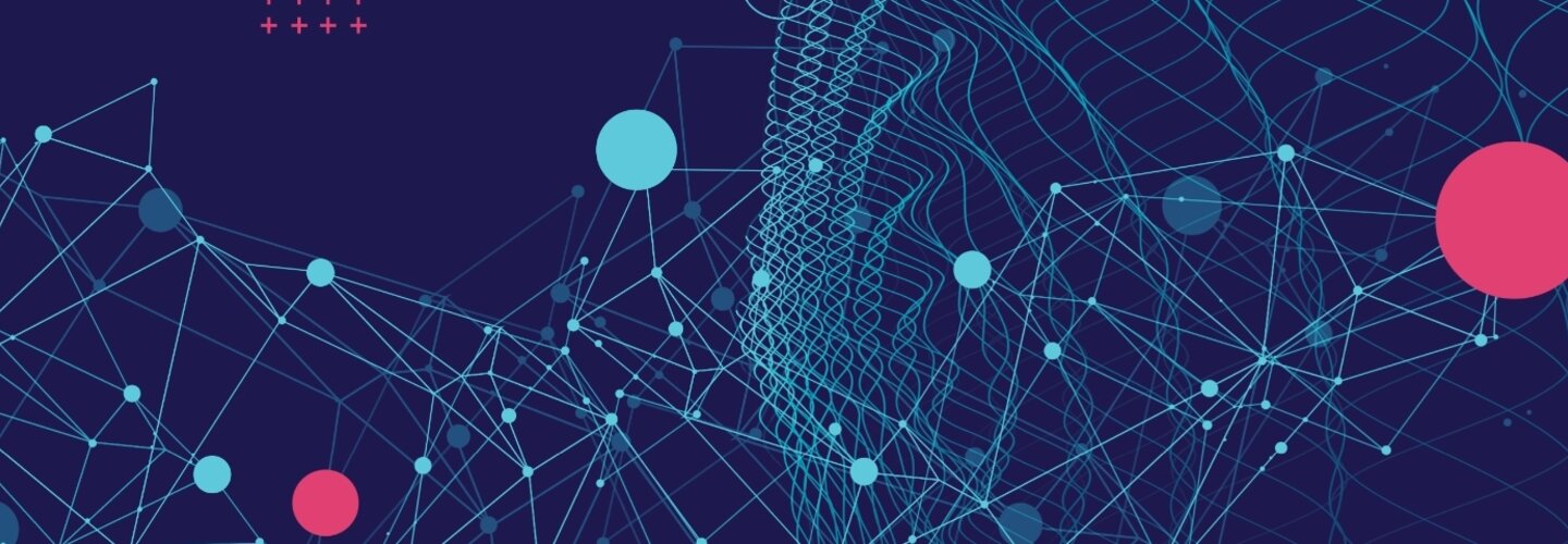 Banner image with a dark blue background and different colored data points. 