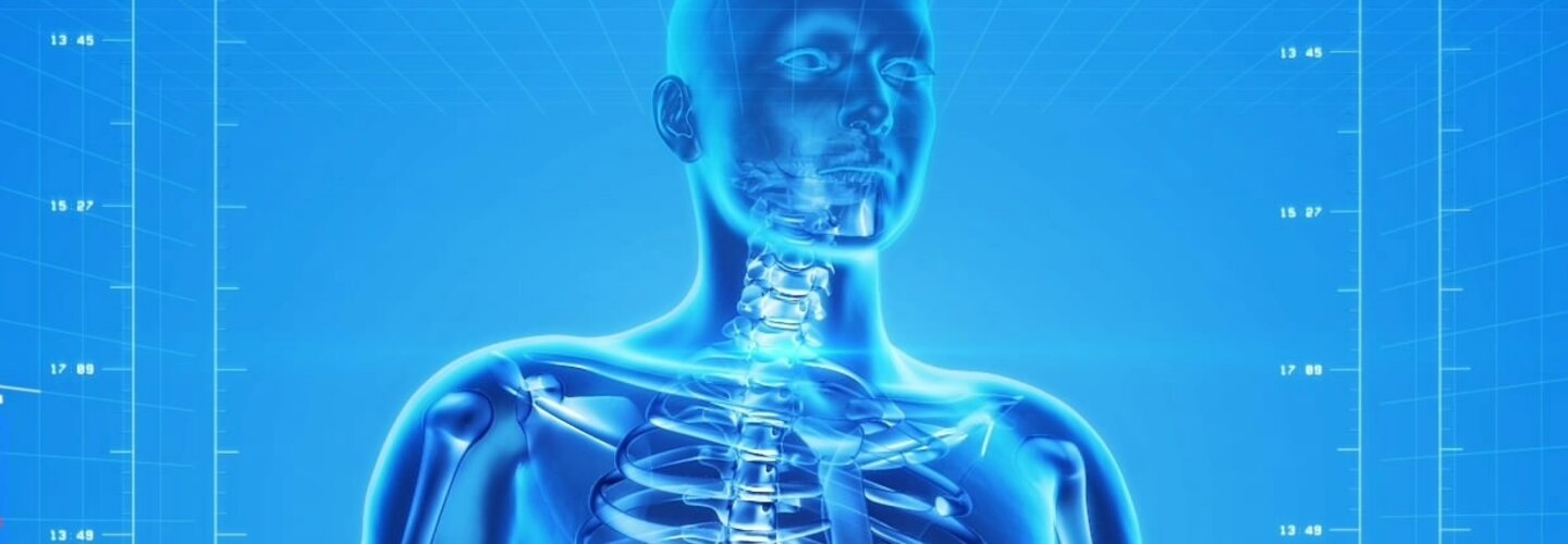 X-ray image of human body surrounded by graphs and and image of DNA
