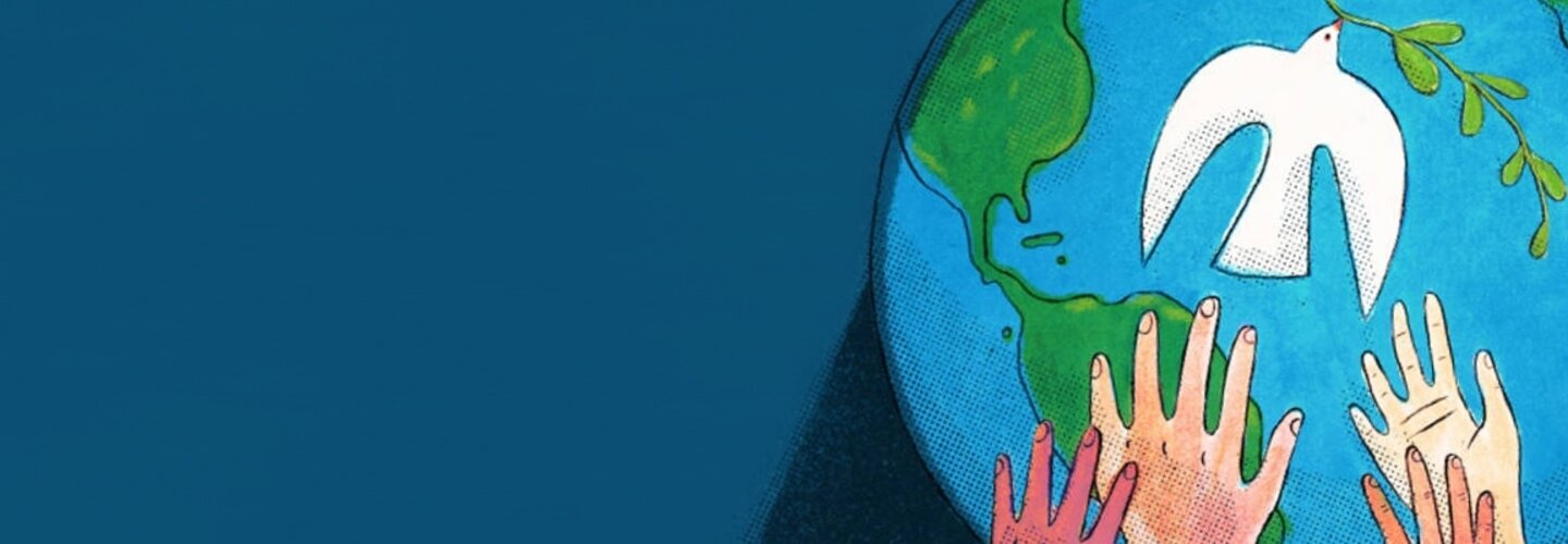 Blue banner image feating the world with a dove and hands printed on either sides. 