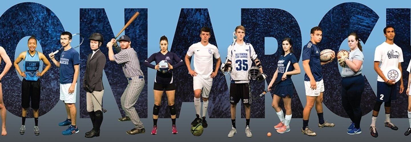 The word Monarchs behind a bunch of athletes from ODU Sports