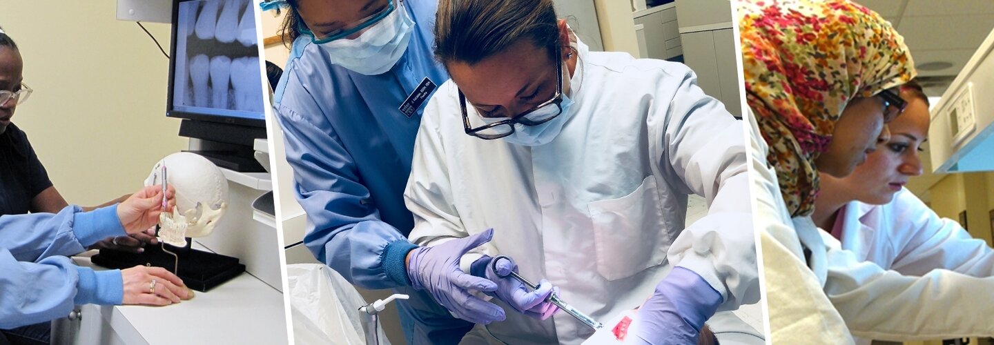 Three panel collage of dental hygiene students