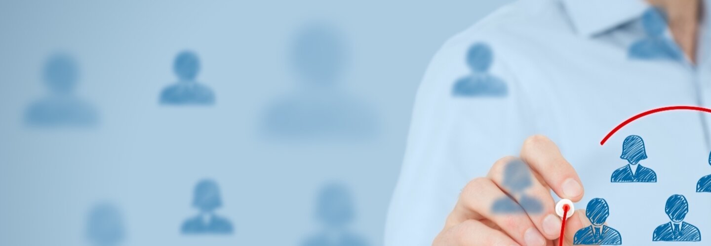 Marketing segmentation, target audience, customers care, customer relationship management (CRM), customer analysis and focus group concepts. Wide banner composition.