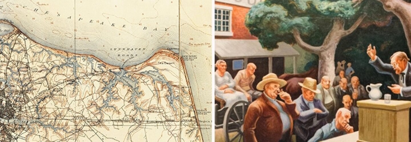 Sections: topographic map from 1891 and a close-up of a Thomas Benton painting