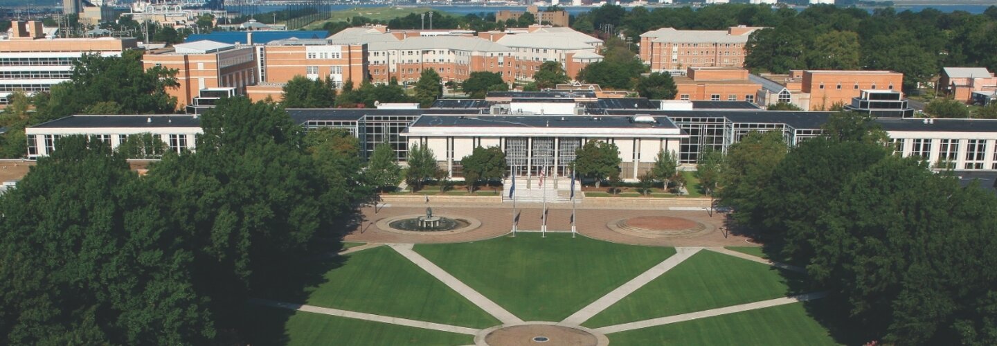 Aerial shot of campus showing Kaufman Mall, Webb Center and the quad in the background