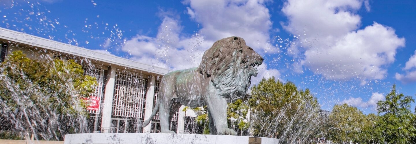 Lion fountain with blue skies on Kaufman Mall.