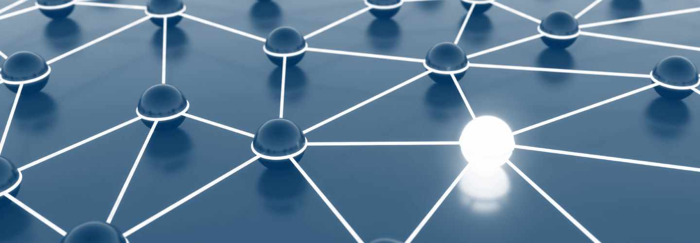 people figures standing on dots and all connected with a thin blue line.