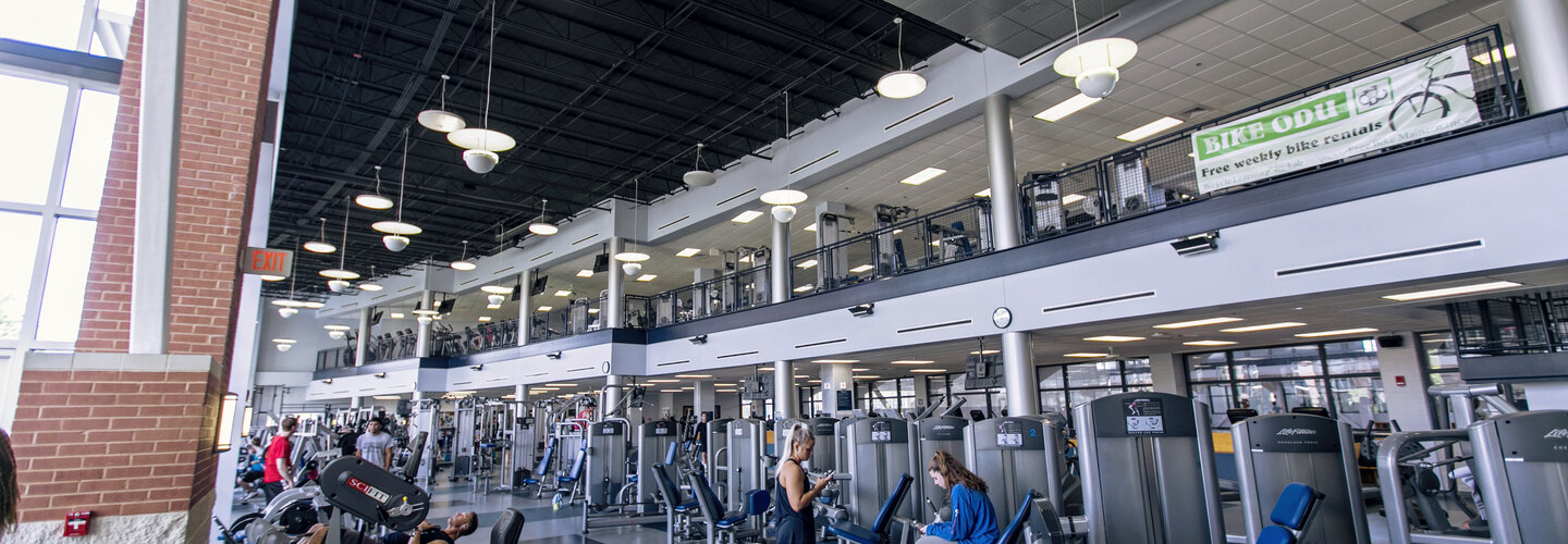 ODU gym empty with all the equipment on display. The walking track featured up above.