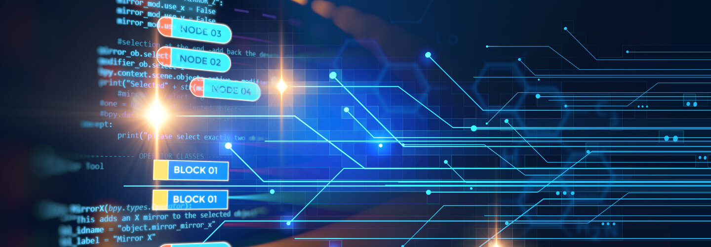 Block chain network and programming concept on technology background