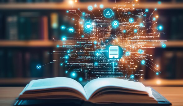 Open book on table in library with futuristic, glowing education images above it.