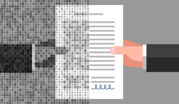 graphic of two hands exchanging a document, one is AI
