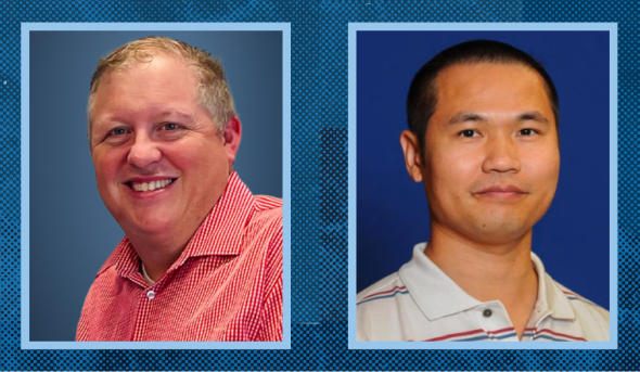 Portraits of James Bartlett (left) and Xihe Zhu (right) sit atop a blue patterned background. 