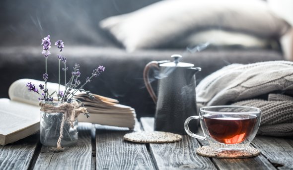 Flowers, tea, a blanket, and an open book on a table.