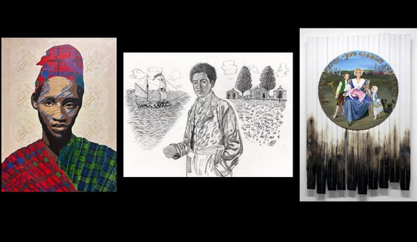 three paintings side by side from envisioning revolution exhibit