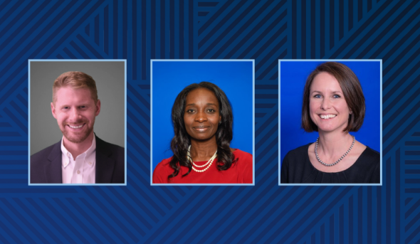 Three photo headshots on a blue background.