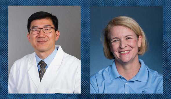 headshot of Dr. Lam next to photo headshot of Dr. Reynolds on blue textured background  