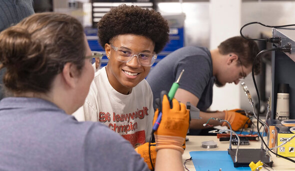 MAP2E students work together on a hands-on water-filtration engineering project at Old Dominion University.