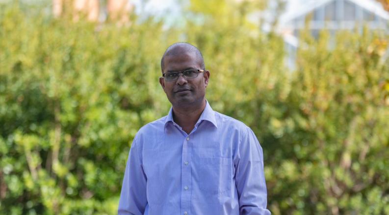 a man in a blue shirt is standing in front of green bushes