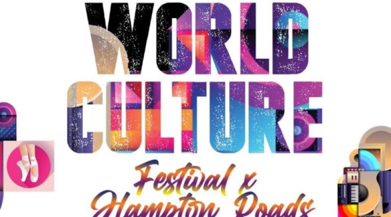 world culture graphic with multi-colored shapes and images