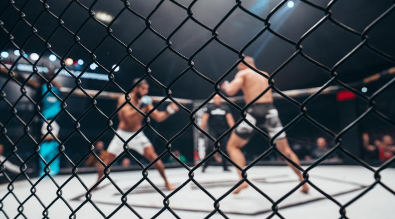 two male MMA fighter are seen in action through a chain link fence