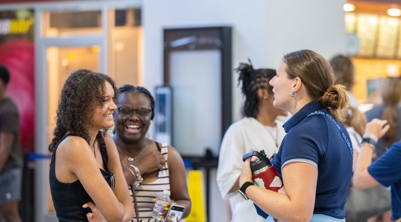 Students in campus building