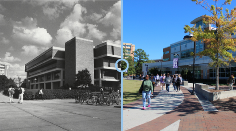 two photos of the perry library