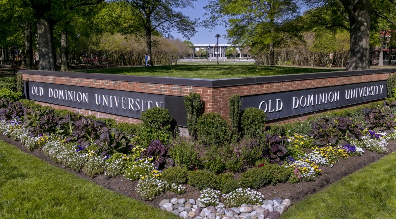 Old Dominion University sign overlooking Kaufman Mall