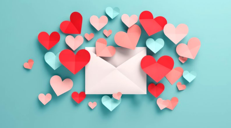 An illustration of an envelope with hearts pouring out.