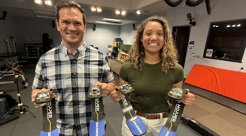 Hunter Bennett, PhD, and Paige Agnew with the prosthetics used in Paige's dissertation research.