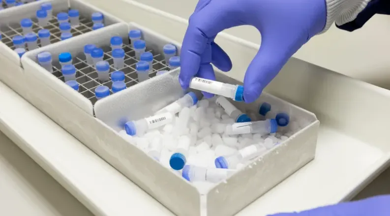 Gloved hand of researcher