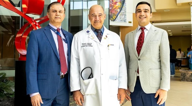 Dr. Rehan Qayyum, Dr. Raymond Benza and Dr. Amin Yehya in the Sentara Heart Hospital lobby.