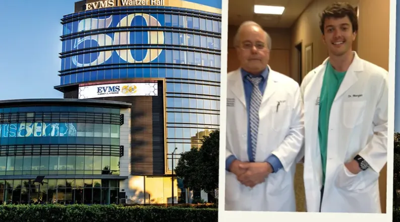 A photo of two doctors, father and son, both wear white coat