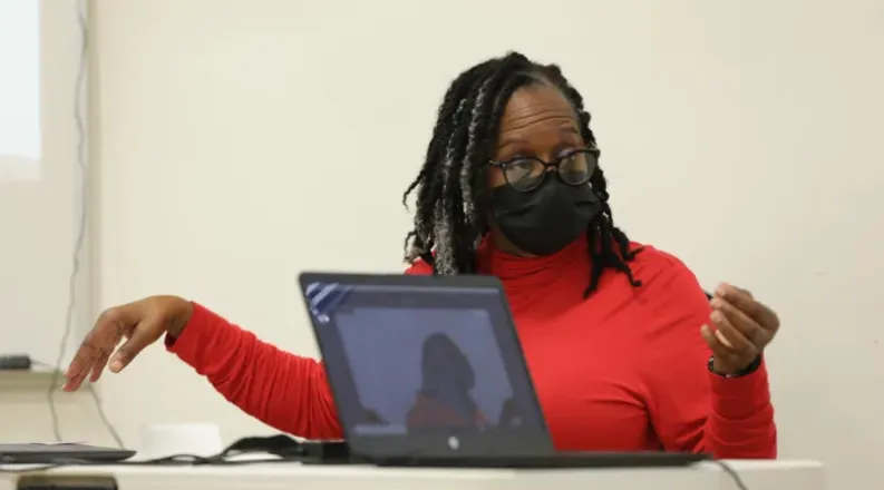 Woman in mask at laptop