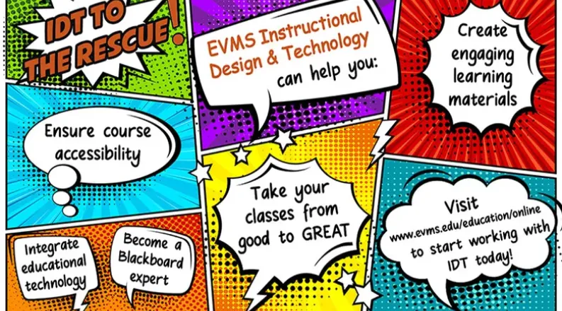 Cartoon conversation bubbles with services listed that EVMS 